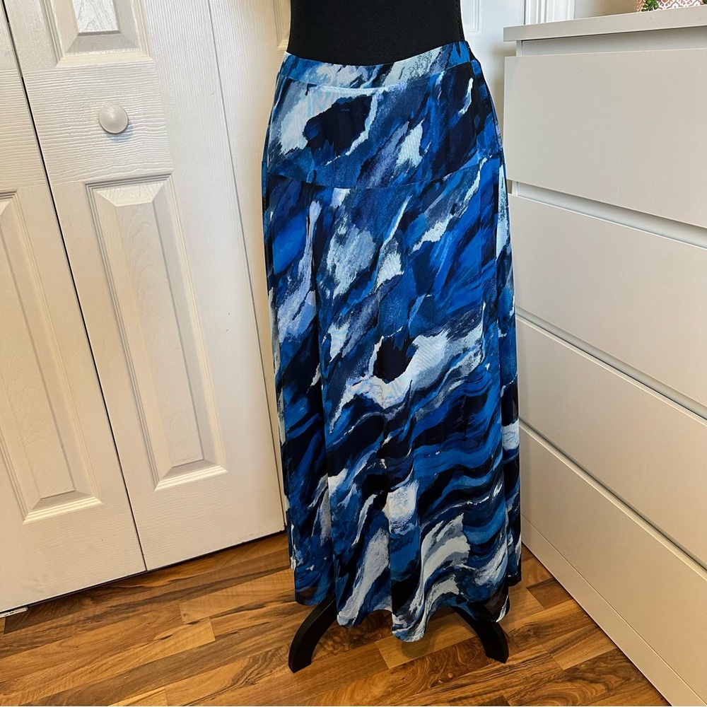 Investments Blue Abstract Watercolor Print A-line Maxi Skirt Size L